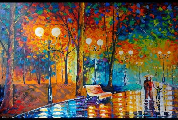 Quadro Pintura Tela Paisagem Urbana Família Passeio Parque