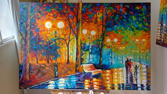 Quadro Pintura Tela Paisagem Urbana Passeio em Família