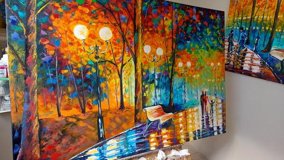 Quadro Pintura Tela Paisagem Urbana Passeio em Família