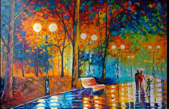 Quadro Pintura Tela Paisagem Urbana Passeio em Família