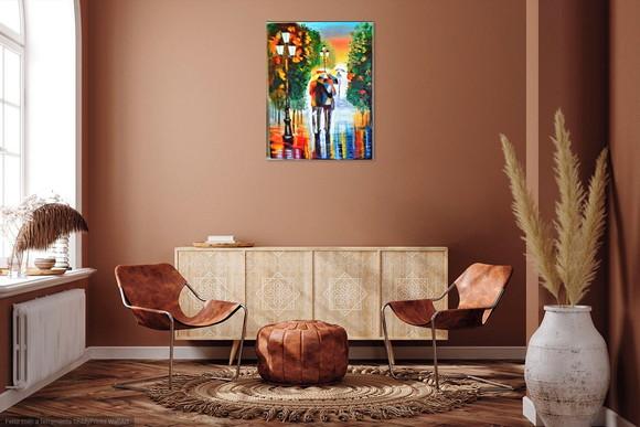 Quadro Sala Paisagem Urbana Casal na Chuva Presente de Natal