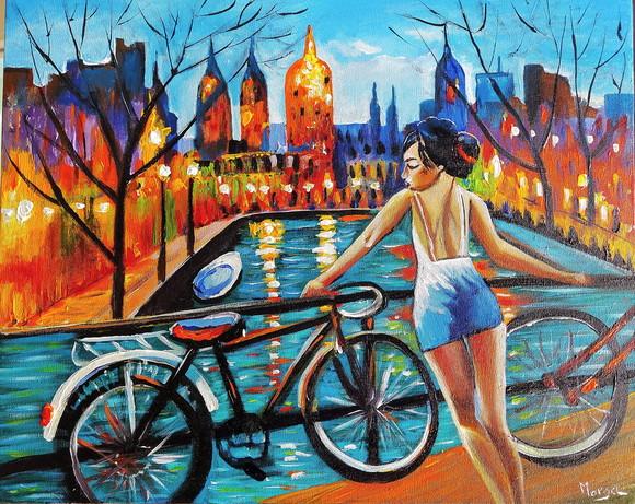 Quadros Amsterdam Holanda Moça Bike Presente de Natal