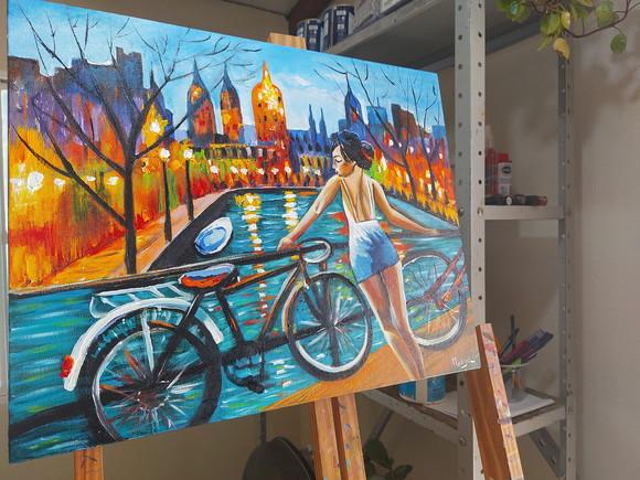Quadros Amsterdam Holanda Moça Bike Presente de Natal