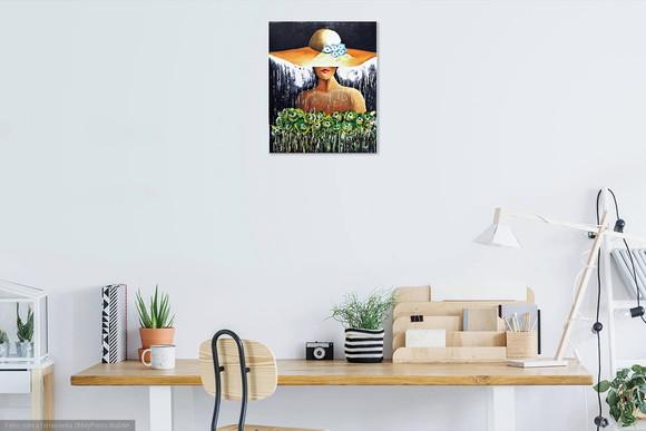 Quadros Decorativos para Sala Pintura Tela Mulher de Chapéu
