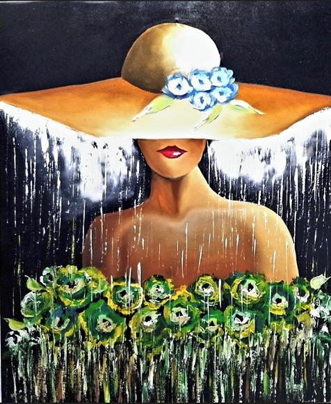 Quadros Decorativos para Sala Pintura Tela Mulher de Chapéu