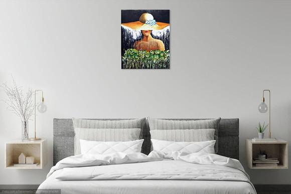 Quadros Decorativos para Sala Pintura Tela Mulher de Chapéu