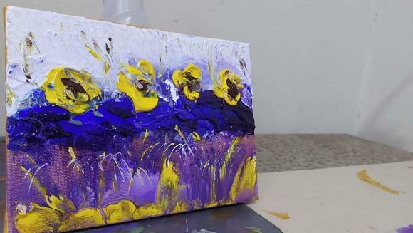 Quadros Decorativos Pintura em Tela Abstrato Amarelo e Lilás