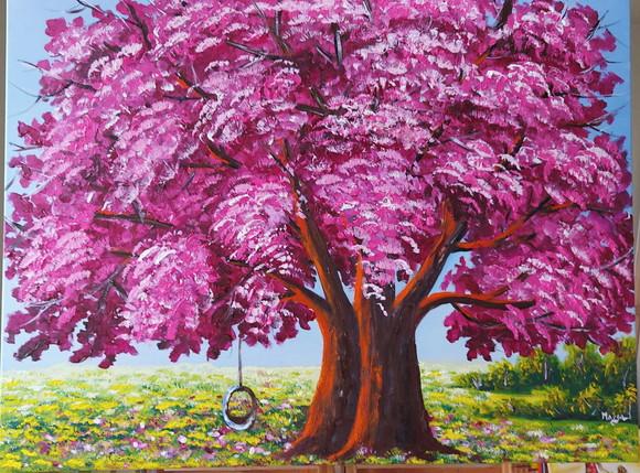 Quadros Decorativos Pintura em Tela Árvore Jacarandá Florido