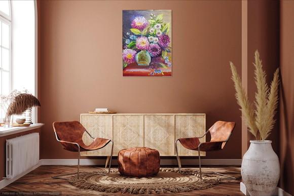 Quadros Decorativos Pintura em Tela Floral Crisântemos