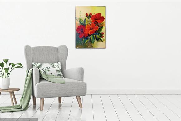 Quadros Decorativos Pintura em Tela Hibiscus Vermelhos