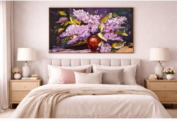 Quadros Grandes para Sala e Quarto Pintura Tela Floral Lilás