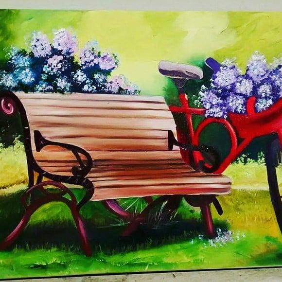 Quadros Grandes para Sala Pintura em Tela Hortênsias Bike