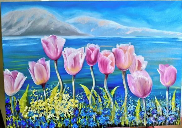 Quadros Grandes para Sala Pintura Tela Floral Tulípas Rosa