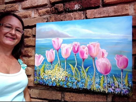 Quadros Grandes para Sala Pintura Tela Floral Tulípas Rosa