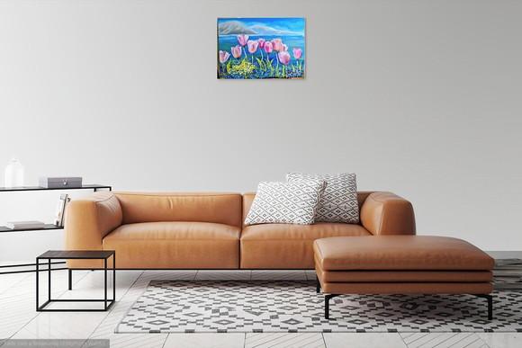 Quadros Grandes para Sala Pintura Tela Floral Tulípas Rosa