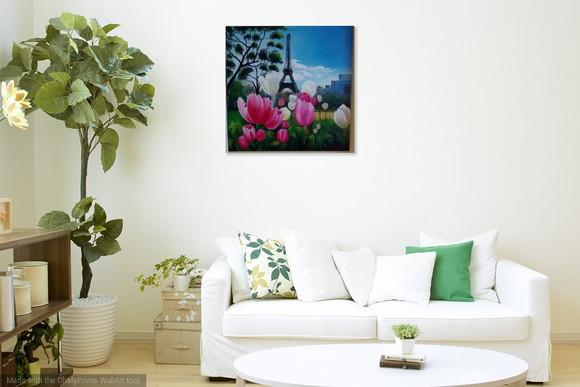 Quadros Grandes para Sala Pintura Tela Tulípas Torre Eifel