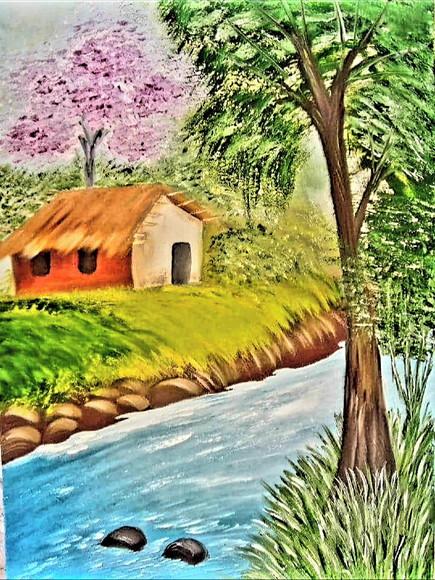 Quadros Paisagem Casinha de Sapê Ipê Rosa Presente de Natal