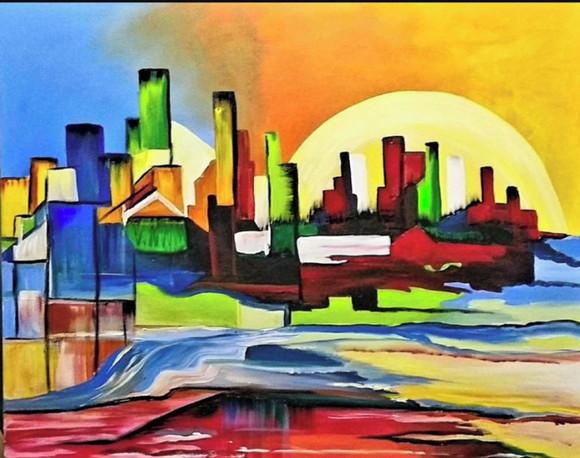 Quadros para Sala Pintura em Tela Abstrato Cidade Imaginária
