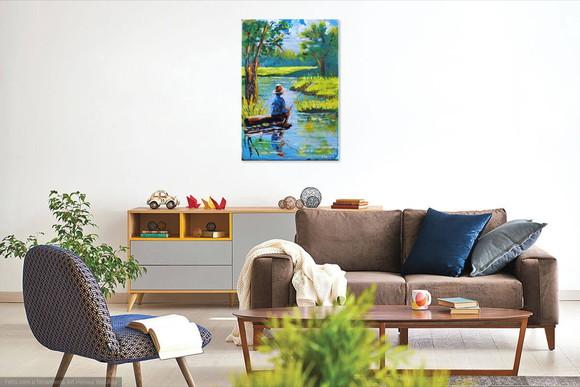 Quadros para Sala Pintura em Tela Animais Peixes Pescador