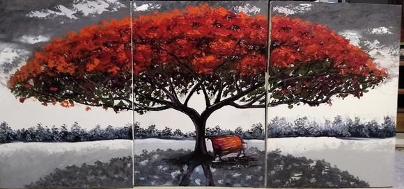 Quadros para Sala Pintura em Tela Árvore Florida Flamboyant