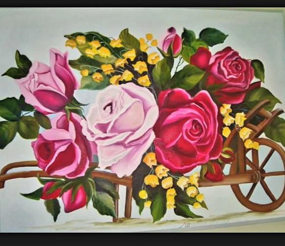 Quadros para Sala Pintura em Tela Floral Carroça de Rosas