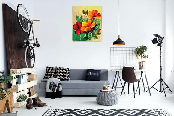 Quadros para Sala Pintura em Tela Floral Hibiscus Vermelhos