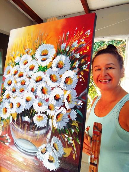 Quadros para Sala Pintura em Tela Floral Margaridas no Vaso