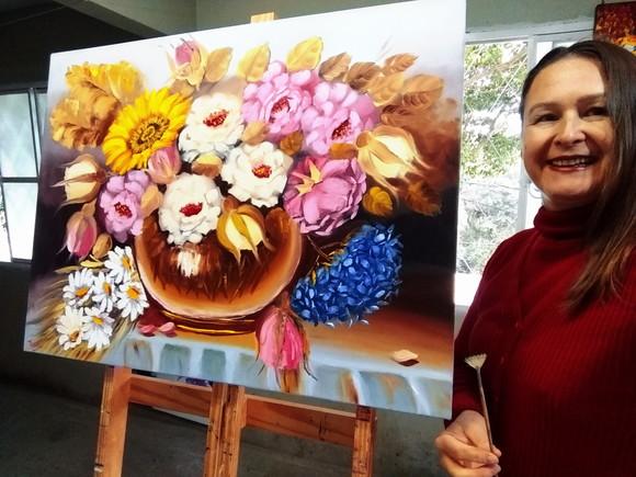 Quadros para Sala Pintura em Tela Floral Rosas Vaso de Flor