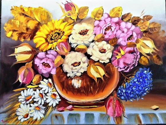 Quadros para Sala Pintura em Tela Floral Rosas Vaso de Flor