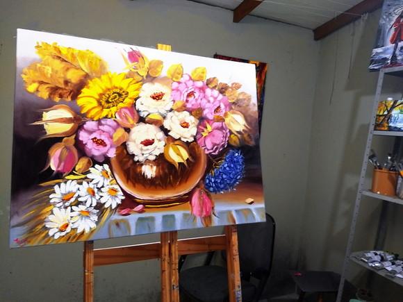 Quadros para Sala Pintura em Tela Floral Rosas Vaso de Flor