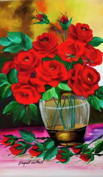 Quadros para Sala Pintura em Tela Floral Rosas Vermelhas
