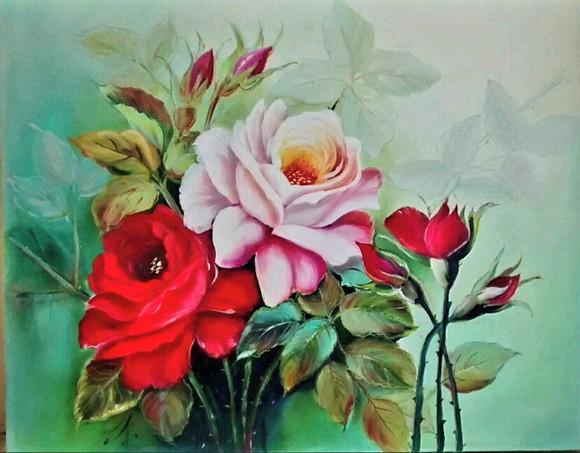 Quadros para Sala Pintura em Tela Floral Roseira e Rosa