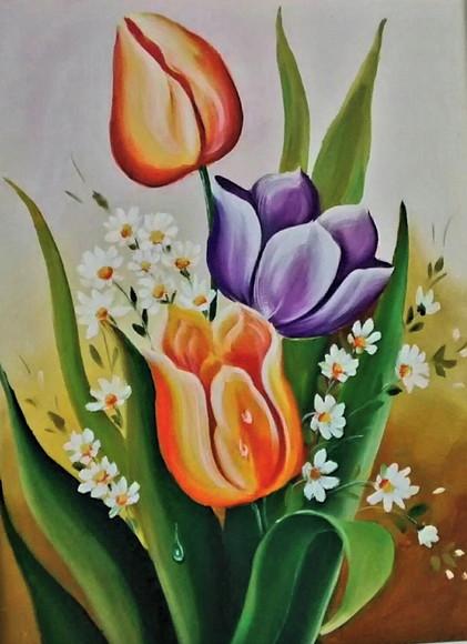 Quadros para Sala Pintura em Tela Floral Tulípas Coloridas