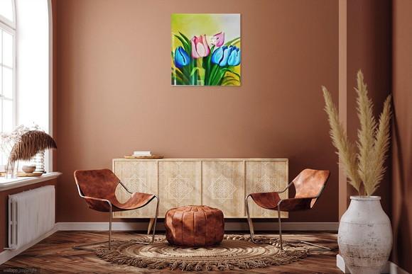 Quadros para Sala Pintura em Tela Floral Tulipas Coloridas