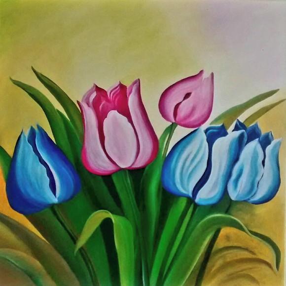 Quadros para Sala Pintura em Tela Floral Tulipas Coloridas