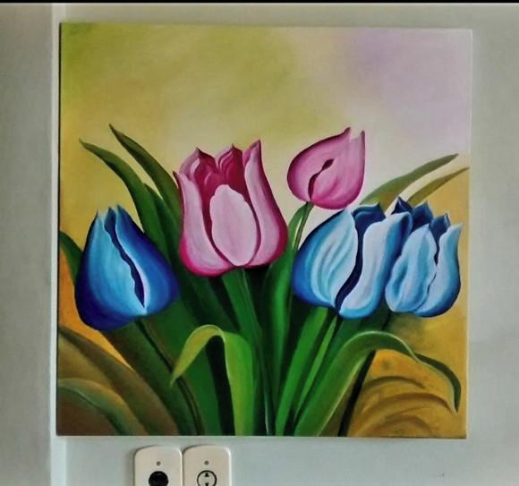 Quadros para Sala Pintura em Tela Floral Tulipas Coloridas