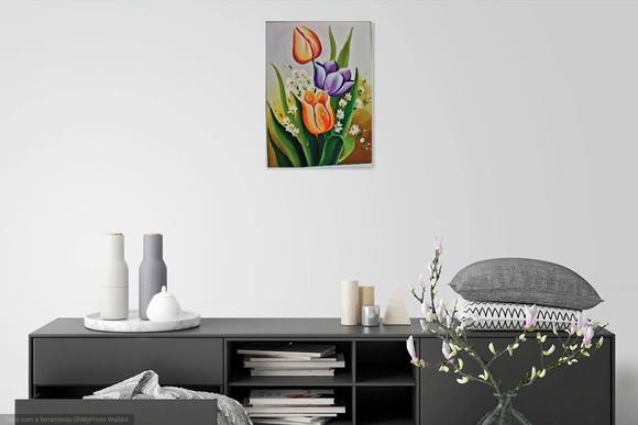 Quadros para Sala Pintura em Tela Floral Tulípas Coloridas