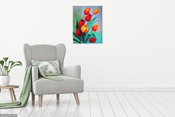 Quadros para Sala Pintura em Tela Floral Tulípas Vermelhas