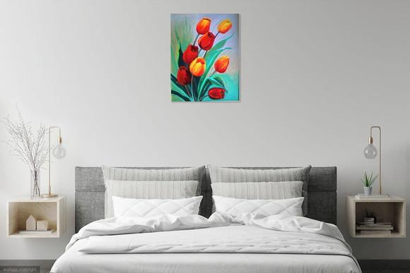 Quadros para Sala Pintura em Tela Floral Tulípas Vermelhas