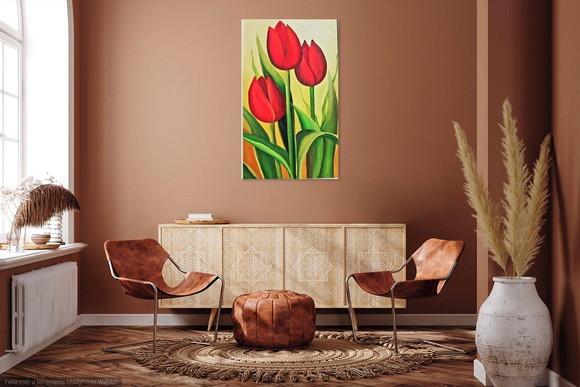 Quadros para Sala Pintura em Tela Floral Tulípas Vermelhas