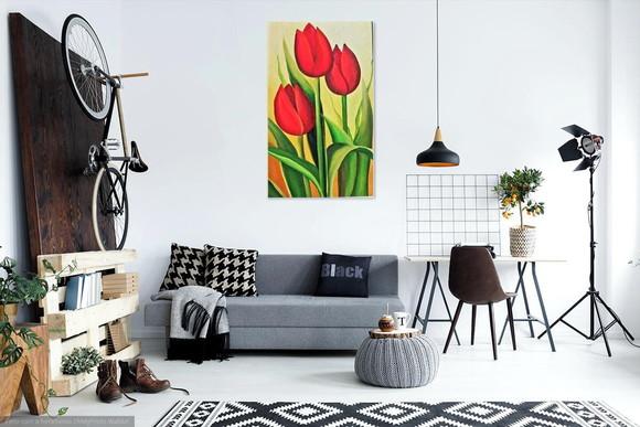 Quadros para Sala Pintura em Tela Floral Tulípas Vermelhas