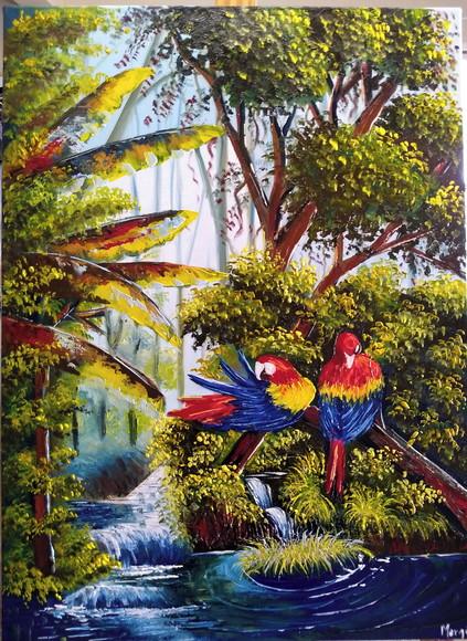 Quadros para Sala Pintura em Tela Paisagem Amazônia Araras