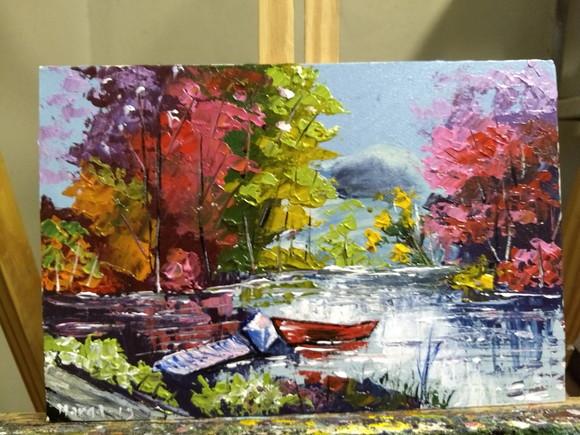Quadros para Sala Pintura em Tela Paisagem Barcos no Lago