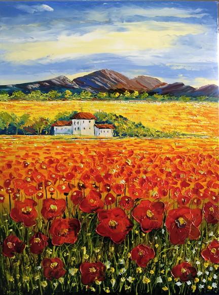 Quadros para Sala Pintura em Tela Paisagem Campo de Papoulas