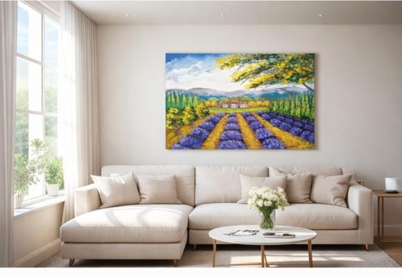 Quadros para Sala Pintura em Tela Paisagem Campo de Lavanda