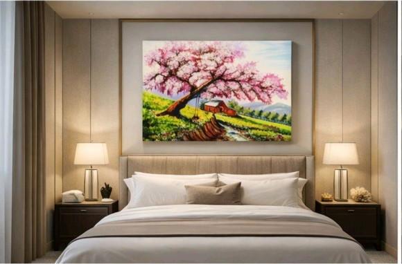 Quadros para Sala Pintura em Tela Paisagem Campo Ipê Rosa