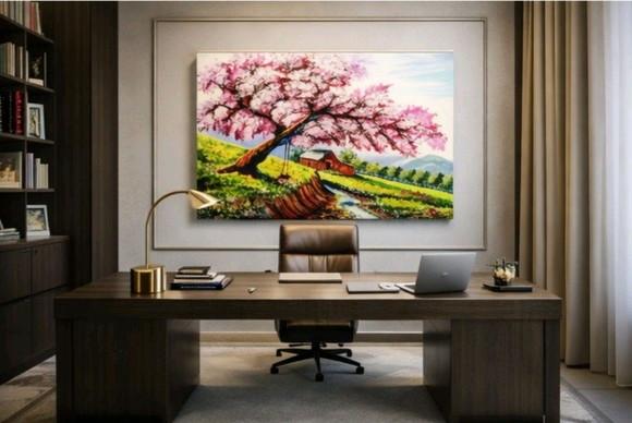 Quadros para Sala Pintura em Tela Paisagem Campo Ipê Rosa