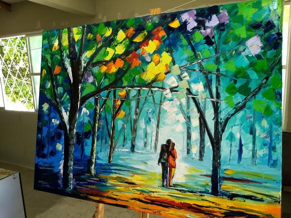 Quadros para Sala Pintura em Tela Paisagem Casal no Parque