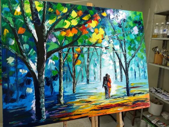 Quadros para Sala Pintura em Tela Paisagem Casal no Parque