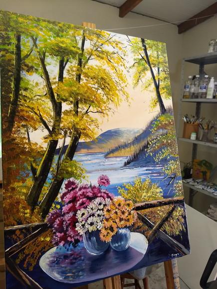 Quadros para Sala Pintura em Tela Paisagem Flores na Varanda
